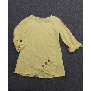 Soft Surroundings Shirt Tunic Womens XS Yellow Roll Tab Sleeve Buttons Gauze